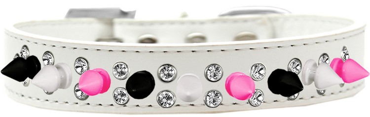 Double Crystal with Black, White and Bright Pink Spikes Dog Collar White Size 12